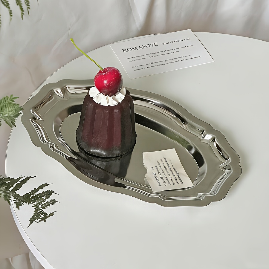 TEMU Vassoio ovale in acciaio inossidabile stile vintage - Vassoio da portata decorativo multifunzionale per caffetterie, dessert, torte,