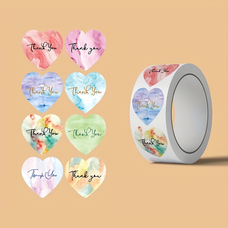

500 Count Heart-shaped Thank You Stickers Roll - Self-adhesive Paper Seals With , Single-use Graphic Pattern Labels For Gratitude , Gift, Card Decoration, Vibrant Color Detail