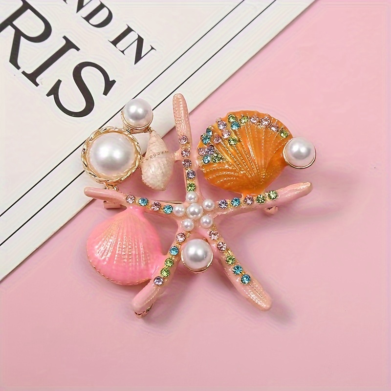 

Starfish And Shell Brooches Vintage Ocean Style Metal With Rhinestone And Pearl Accents, Coastal Jewelry Pins Beach Party Jewelry
