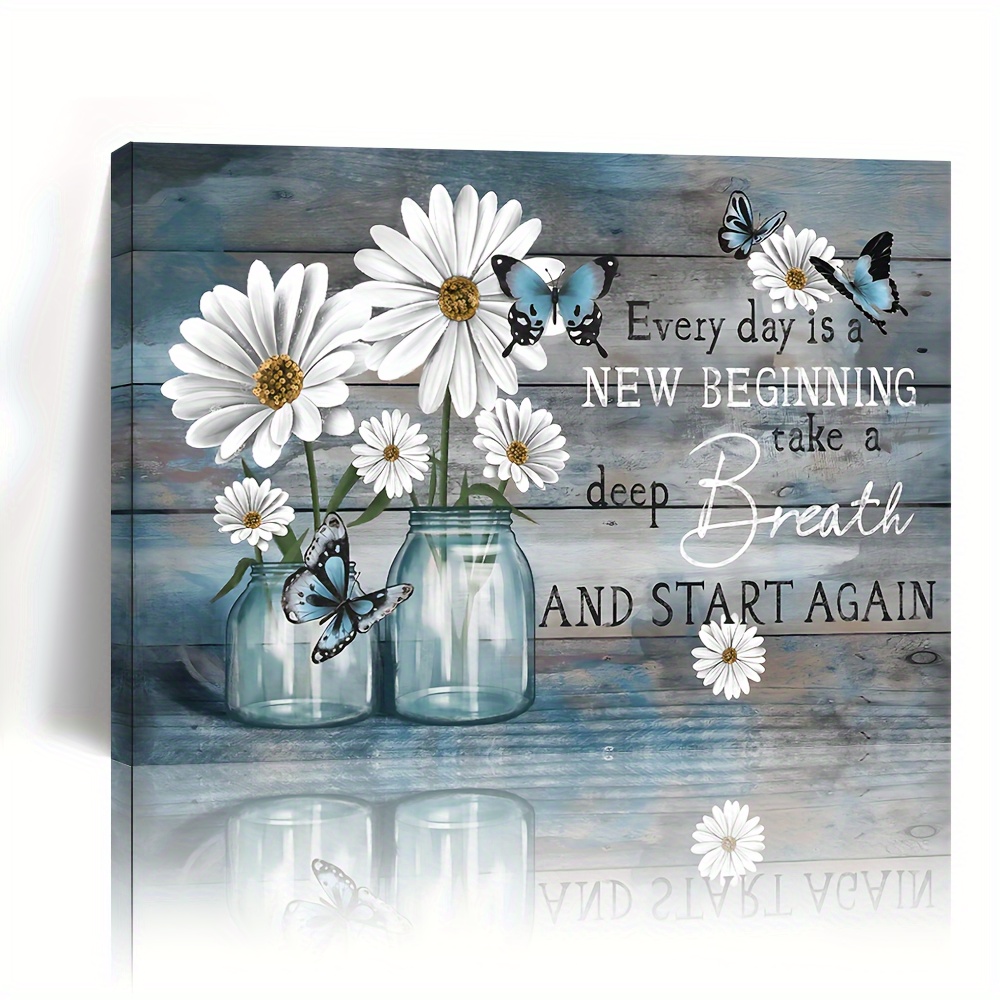 

1pc Wooden Framed Canvas Painting Daisy Flowers Blue Rustic Butterfly Floral Wall Art Prints For Home Decoration, Living Room&bedroom, Festival Gift For Her Him, Out Of The Box Eid Al-adha Mubarak