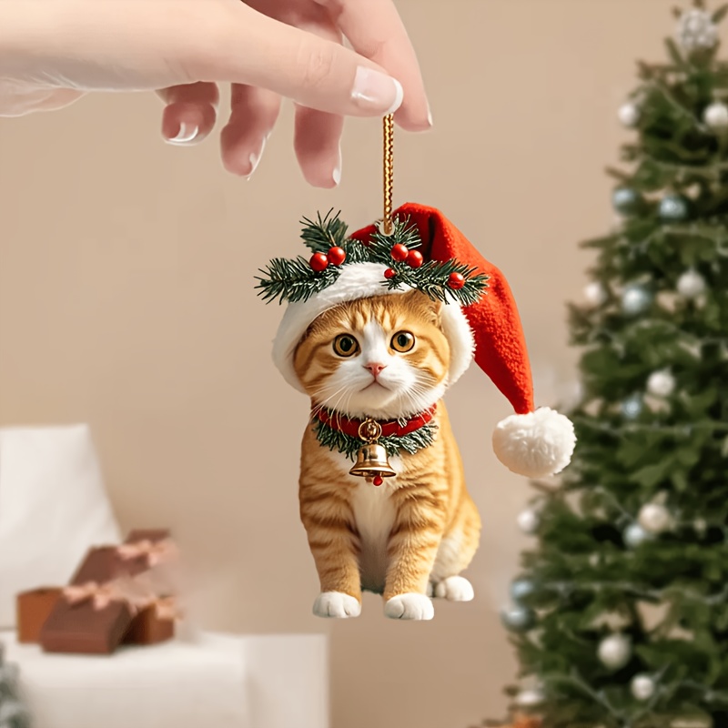 

1pc Acrylic Christmas Cat Pendant With Santa Hat & Berry Wreath - Bell Collar Design, Holiday , No Power Needed