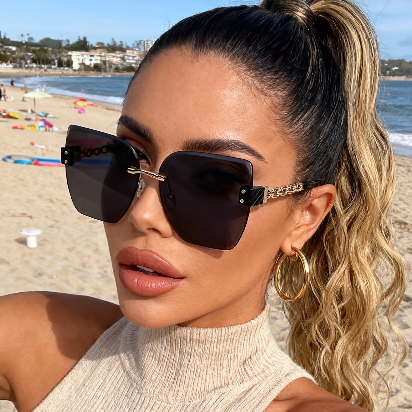 Image of 1 Pair Retro Frameless Unisex Fashion Sunglasses, Uv400 Protection, Suitable For Beach Accessory, , Elegant Accessory, Summer Beach Vacation, Outdoor, Retro Style Suitable For Outfits, Back To School