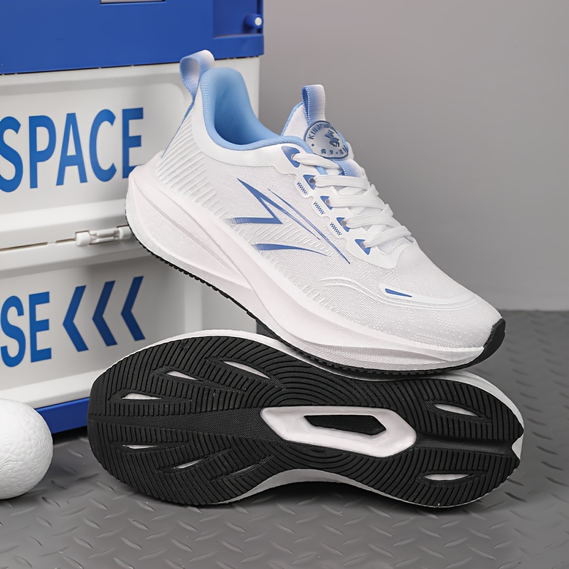 Zapatillas de deporte blancas/azules para mujer y unisex - Zapatillas transpirables de caña baja de talla grande con suela de carbono, amortiguación que absorbe los impactos para correr, gimnasio, caminar - Calzado deportivo casual de punta redonda (blanco/azul), Zapatos de mujer