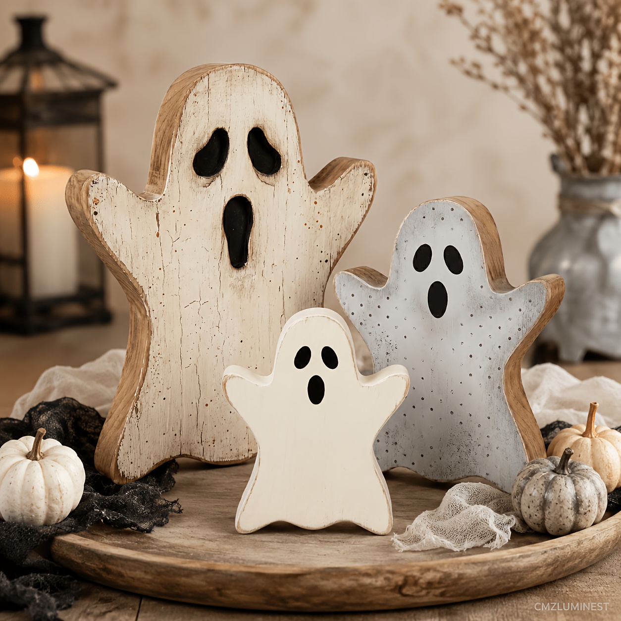 TEMU Halloween Ghost Decor, Indoor For Home Decorations | 3pcs Halloween Table Decor Farmhouse Wooden Ghost Tiered Tray Decor Halloween Tabletop