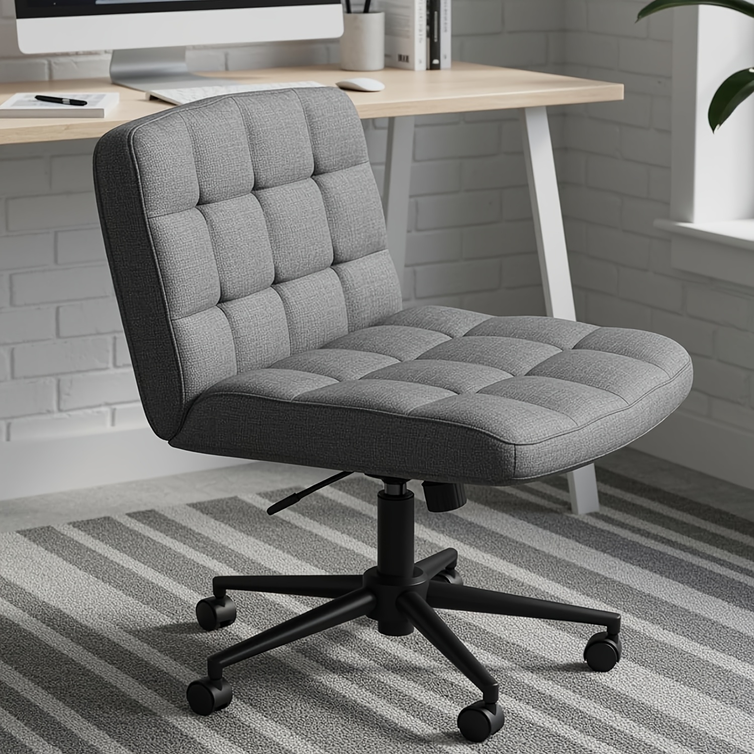 Rotating Cross Leg Chair, Armless Office Chair Featuring 360° Wheels And A Comfortable Wide Cushion, Adjustable Height, Suitable For Home Office Desk, Vanity, Or Bedroom