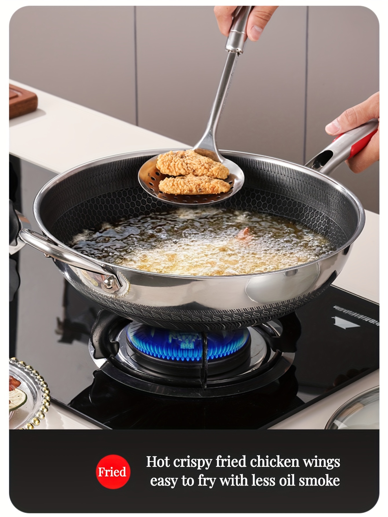 stainless steel non stick frying pan 32cm 34cm induction cooker gas stove compatible honeycomb wok design kitchen cookware for fried fish eggs steak outdoor use details 4