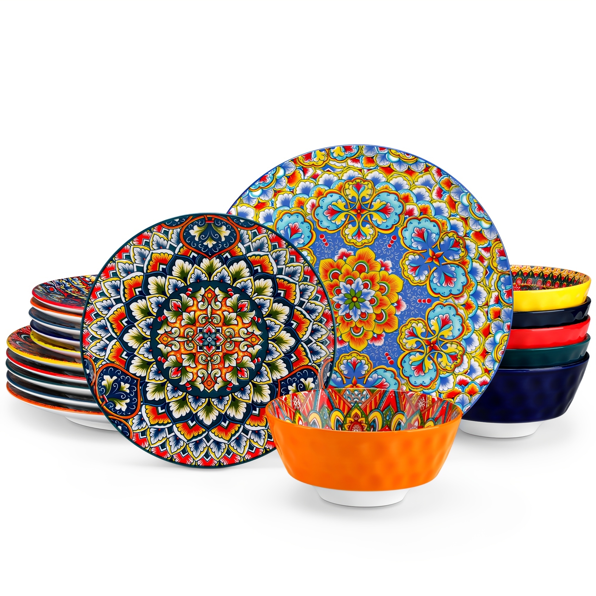 Bohemian Style Dinnerware Set 18pcs Porcelain Tableware Dinner Plates Dessert Plate And Cereal Bowls Dishwasher & Microwave For 6