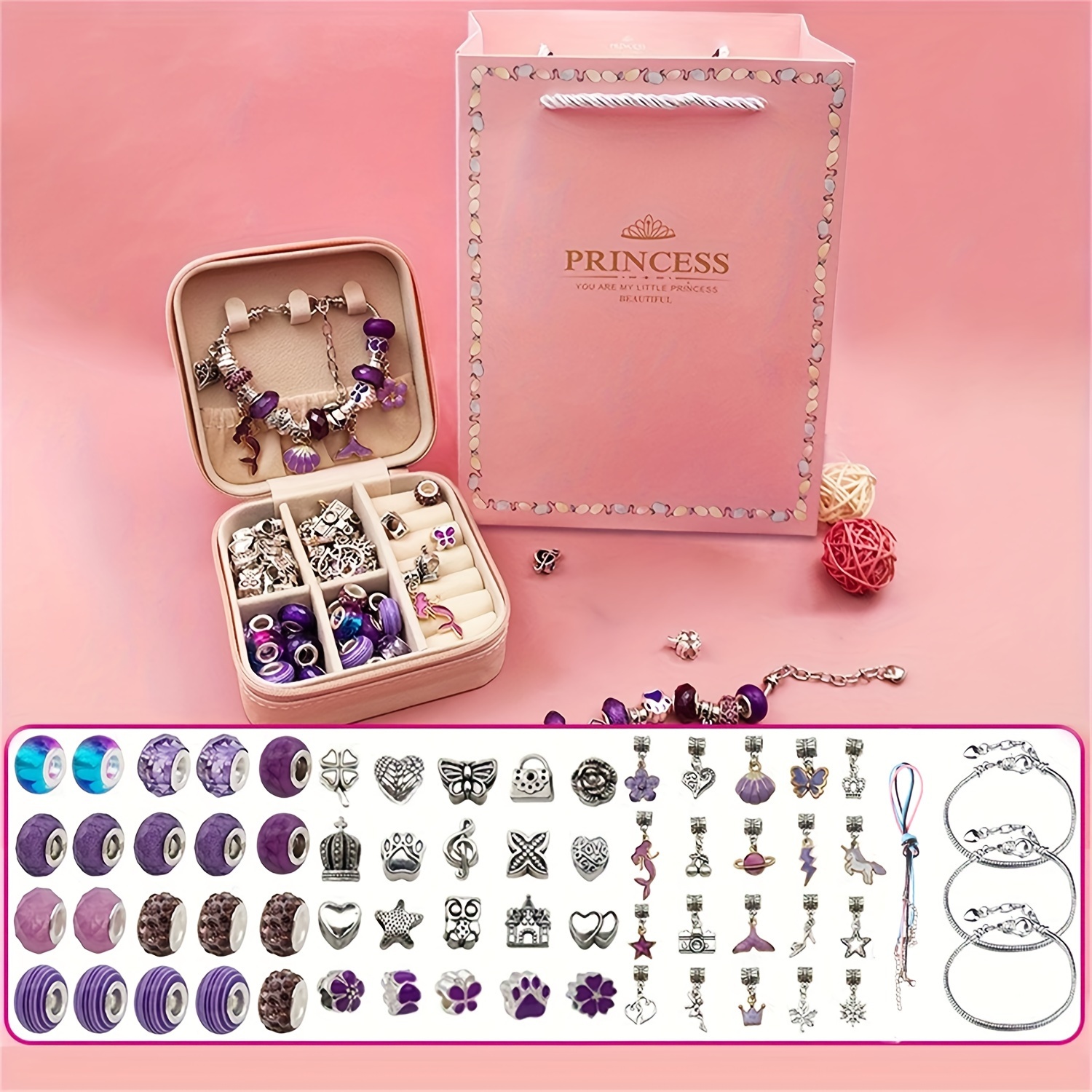 E-shop Schmuckherstellung-Set mit tragbarer Box, 68-teiliges Charms-Perlen-Schmuckherstellungs-Set für Frauen, Weihnachts, Geburtstags, Festival,