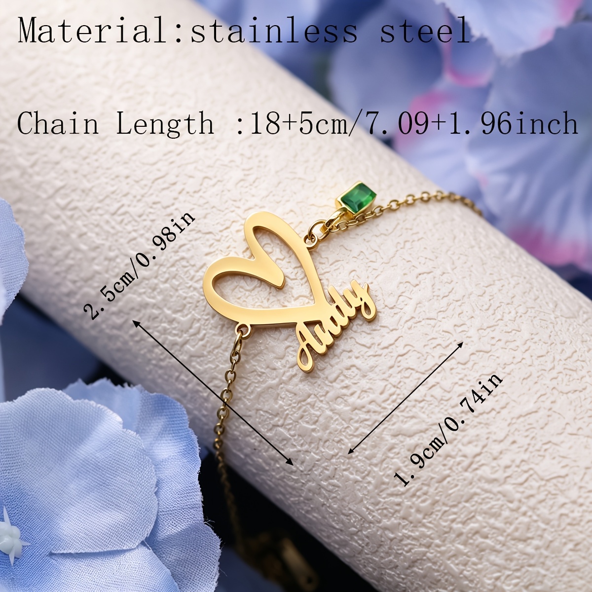 Women's Custom Heart Name Bracelet with Green Crystal Charm
