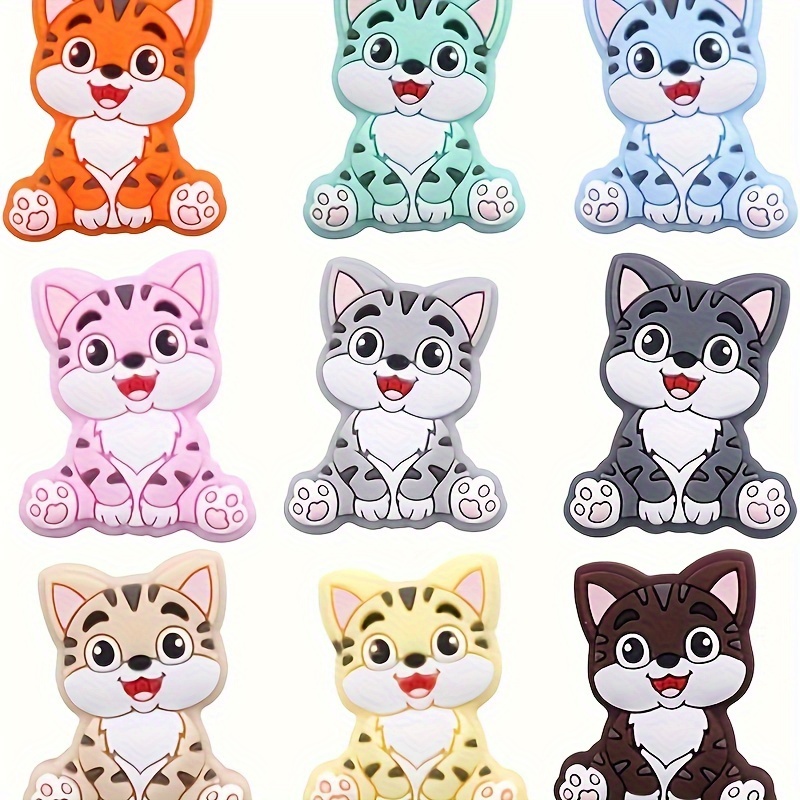 

10pcs Mixed Colorful Cat Silicone Beads, Cute Animal Silicone Beads, Printed Rubber Beads, Used For Pens Keychain Bracelet Necklace Diy Various Handicrafts Making