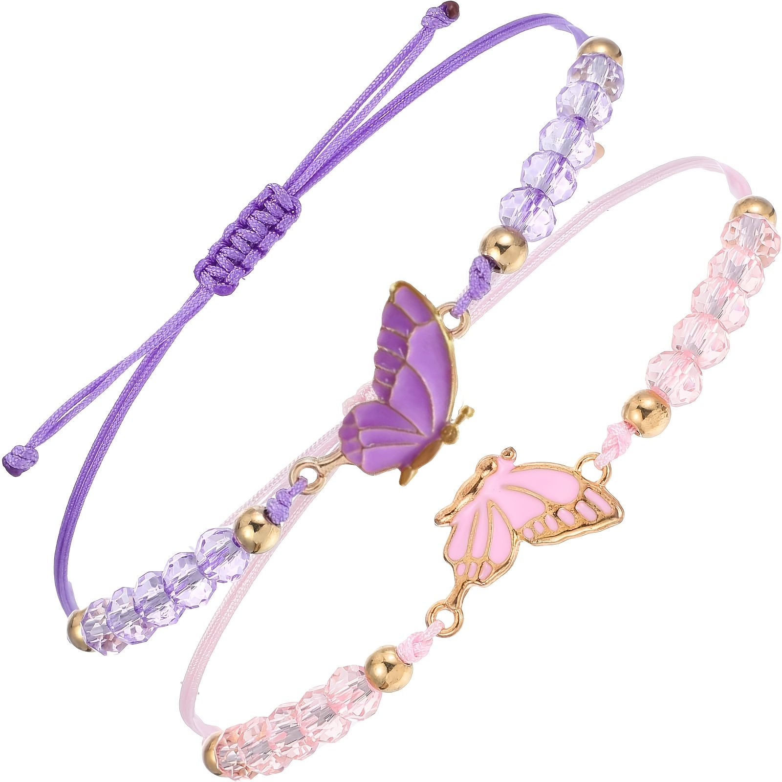 Image of 2 Matching Braided Bracelets With Purple, Blue, Pink, White Matching Butterflies, Friendship Bracelets, Adjustable Best Friend Bracelets, Handmade Charms For Women, Couples, , Mother And Daughter