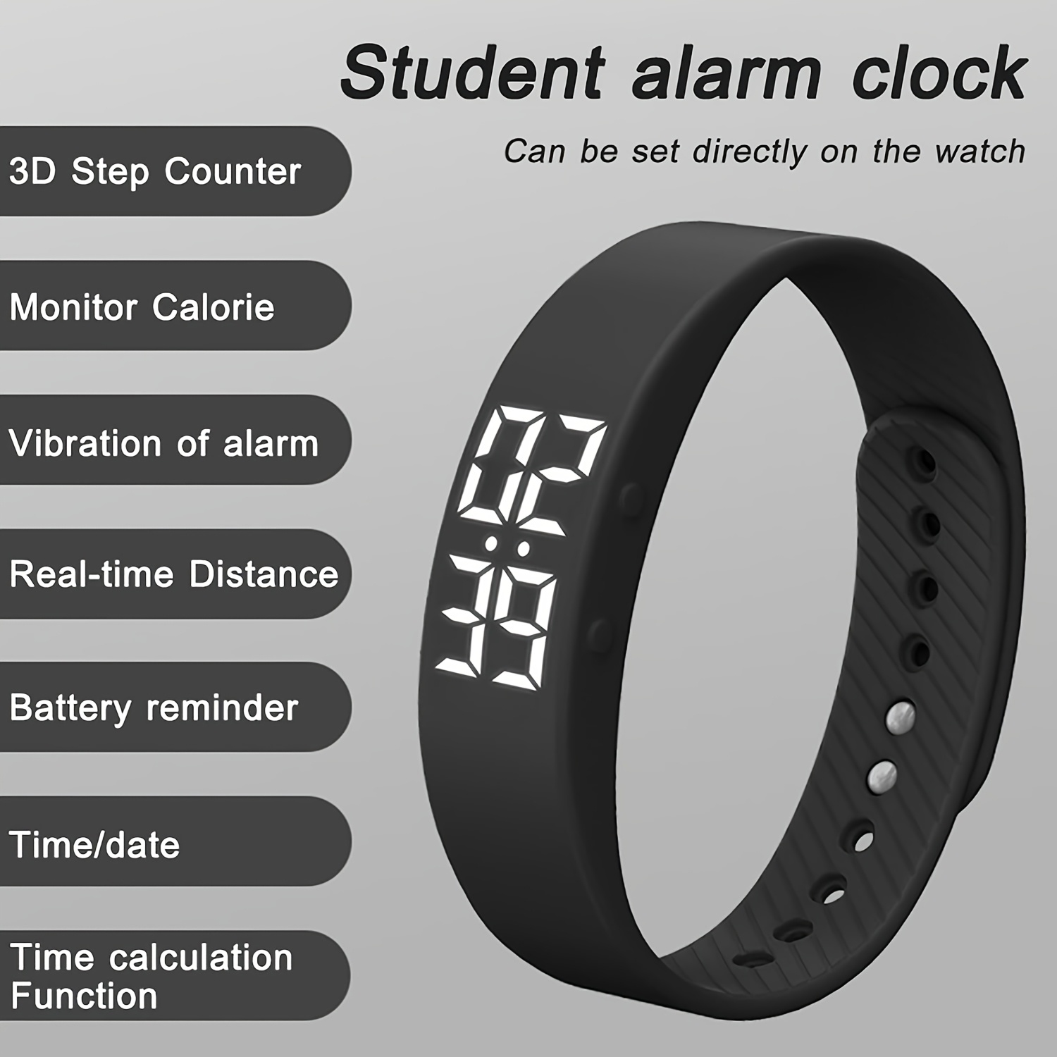 Student alarm clock 3D Step Counter Monitor Calorie Vibration of alarm Real-time Distance Battery reminder Time/date Time   Function