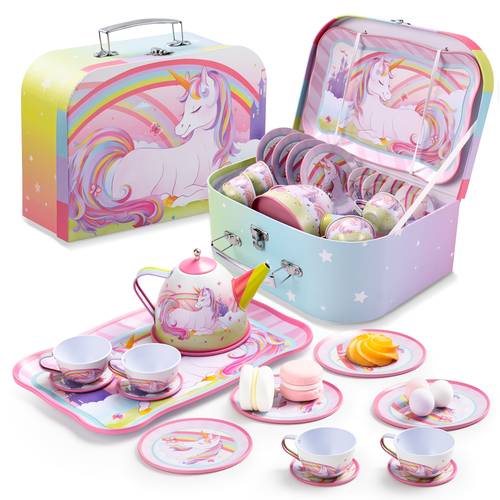 a whimsical tea party set featuring unicorns designed for young girls this pretend play pink tin teapot collection a teapot cup plate and a carrying case children aged 3 and up an ideal christmas gift