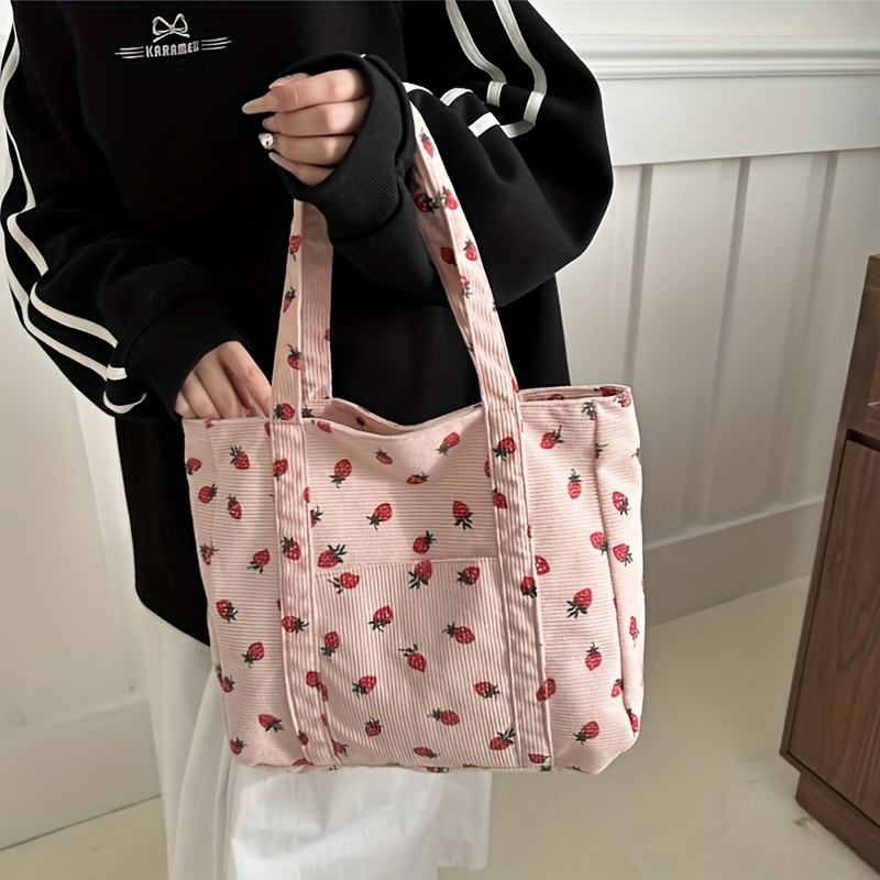 

Large Capacity Corduroy Handbag For Women, Elegant Shoulder Tote With Printed Strawberry Design, Fashionable Daily Carry Bag