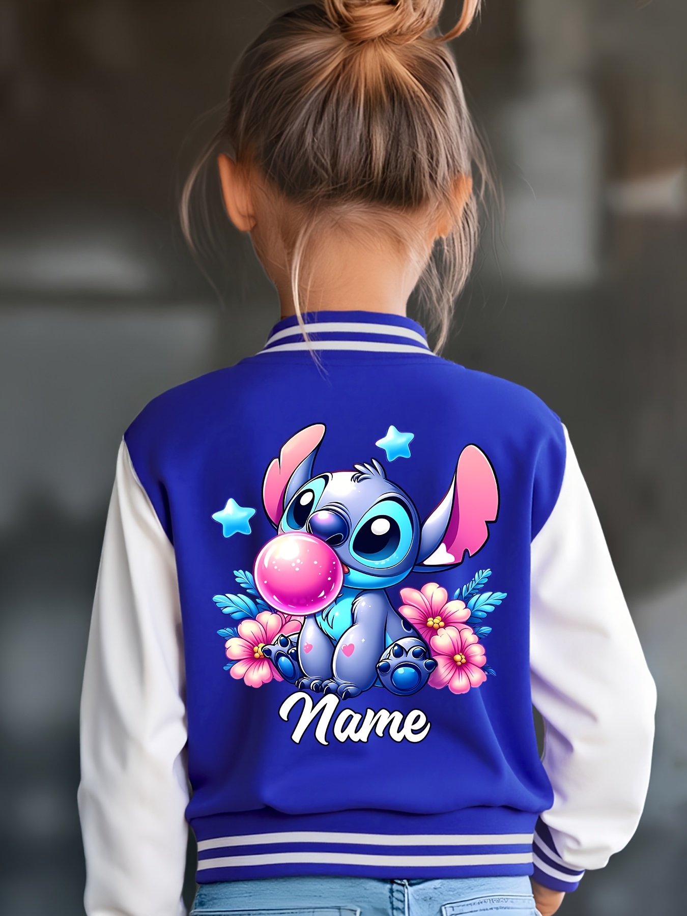 Customizable Stitch Girls' Baseball Jacket - Personalized Text, Autumn/Winter Casual Wear with Cute Stitch Print, Perfect for Halloween & Birthday Gifts, Kids Fashion Sportswear, Stitch Gifts, Festive Kids Clothing, Playful Kids Design, Durable Kids Clothing