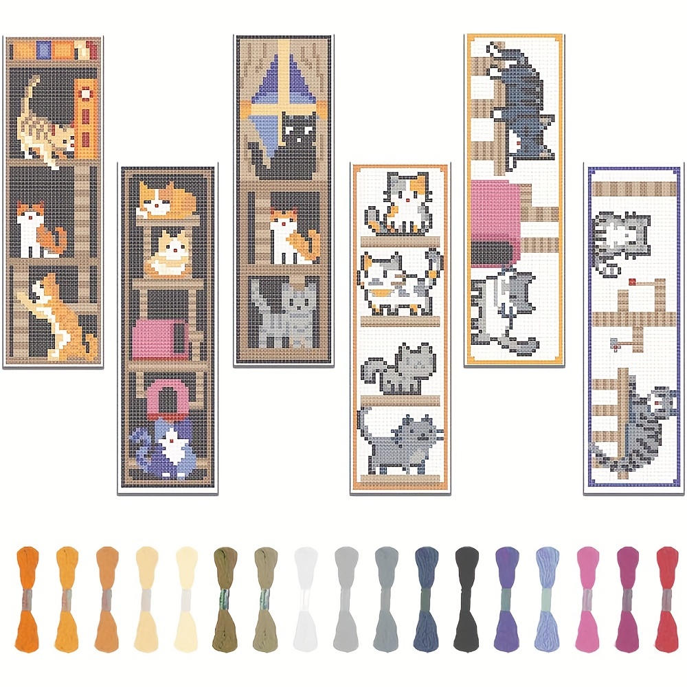 

6-pack Cat-themed Stitch Bookmark Kit - Diy Embroidery Fabric Bookmarks With Assorted Patterns, Threads & Tools - Animal Set For Beginners & Enthusiasts - Fabric Crafts, Perfect Birthday Gift