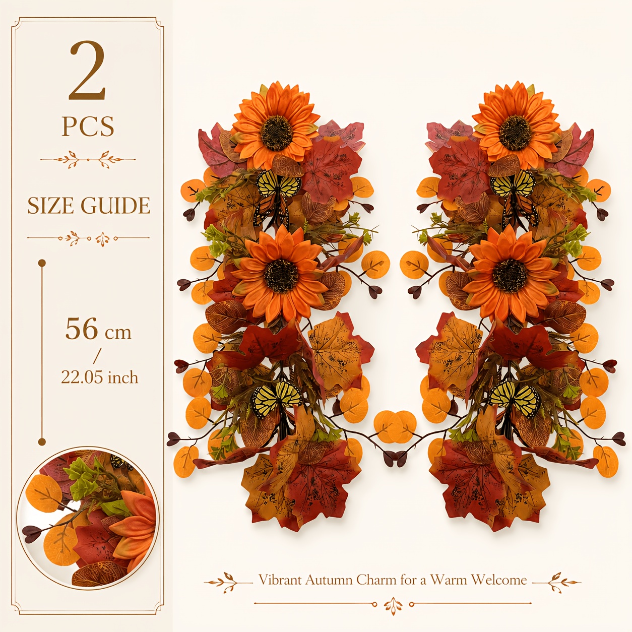 TEMU 2pcs Set 56cm/22.05 Inches Realistic Sunflower Hanging Bouquet, , Butterflies, Berries Mixed Teardrop-style Doorway Decor, Suitable For Front