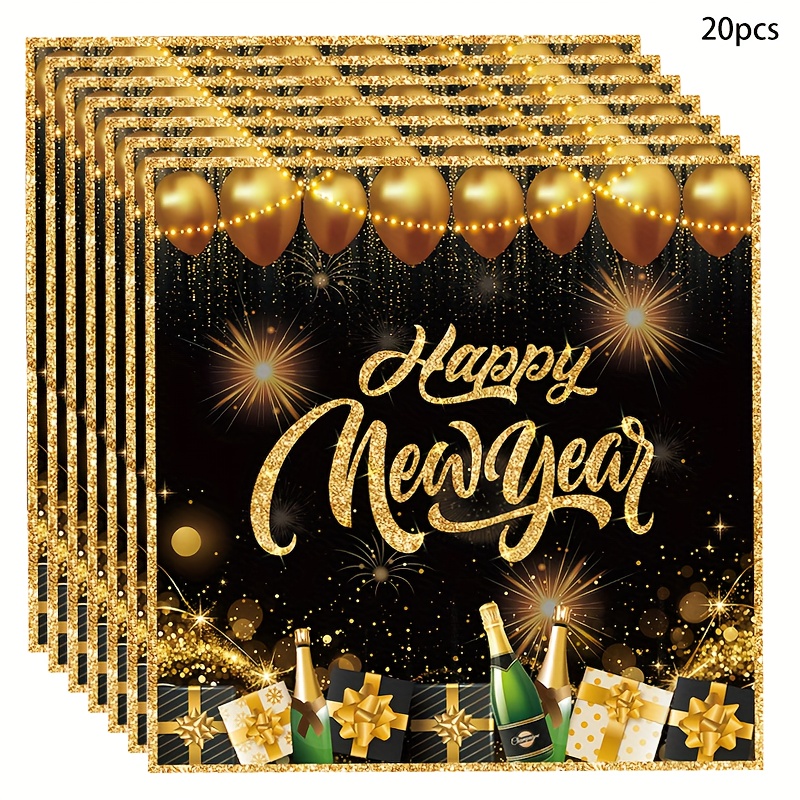 TEMU 20-pack New Year Party Napkins - Black & Golden Happy New Year Countdown Decorative Tissues, Festive Gift For Living Room, Outdoor Decoration,