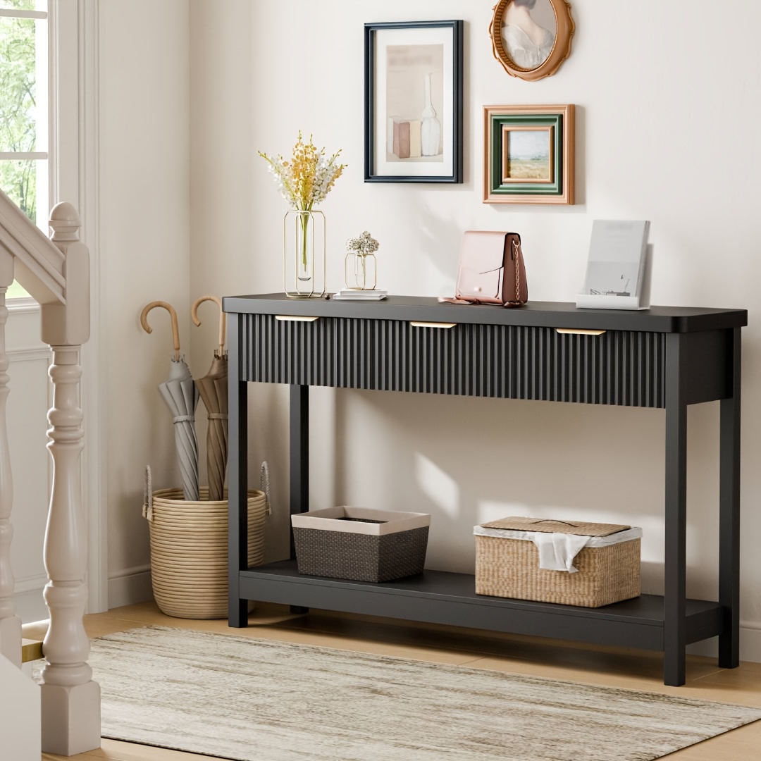 51 IN Fluted Console Table with 3 Drawers, Modern Entryway Table with Metal Handles, Sturdy Solid Wood Design, Hallway Table with Storage, for Living Room And Hallway