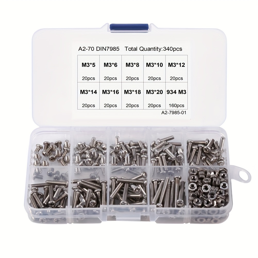 

Junter 340pc M3 Stainless Steel 304 Screw And Nut Kit - Durable, Rust-resistant With Full Threading & Crosshead Design For Metal Applications