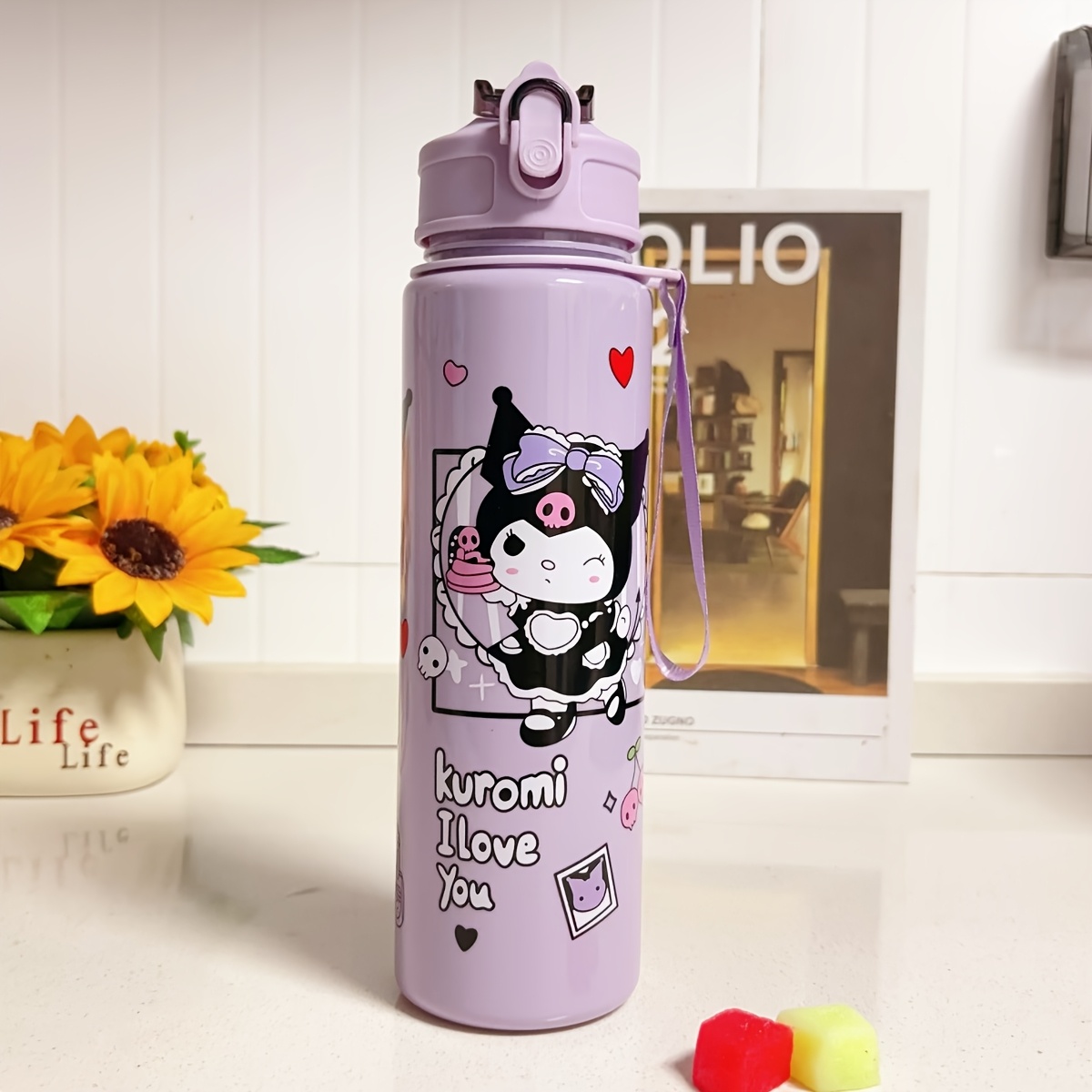 A 700ml Cute Water Bottle - Kuromi, Cinnamoroll, My Melody, Cartoon Water Bottle, Outdoor Water Cup, Large Capacity Household Cup, Straw, Drop-proof, With Carrying Strap