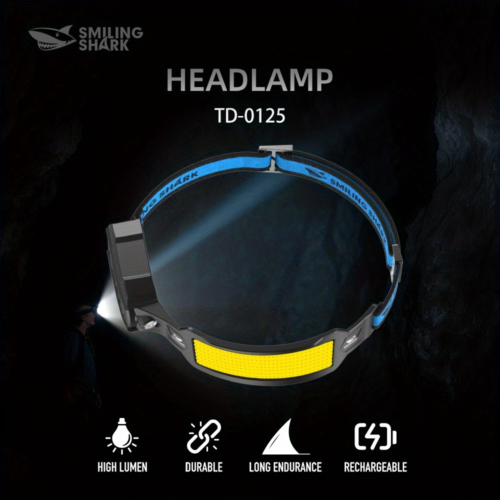 TEMU Smiling Shark Headlamp, Head Lamp Led Rechargeable 6 7*white Lights 270&deg; Lighting Width Motion Sensor Light For Camping Fishing Running Repairation, Rechargeable Light