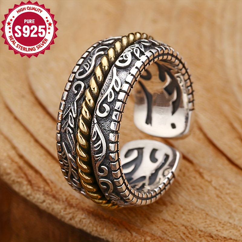 

Men's 925 Sterling Silvery Adjustable Ring - Hypoallergenic, Punk Style With Vintage Grass Pattern - Perfect For All Occasions & Gifts, Includes Anti-tarnish Box