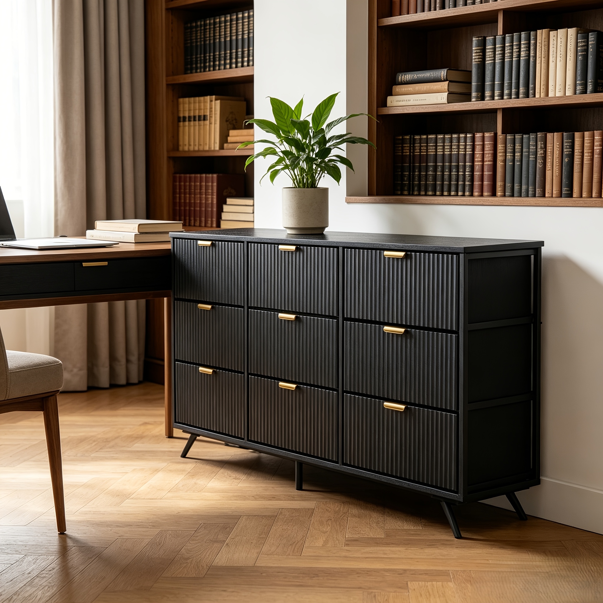 9 Drawer Modern Fluted File Cabinet, Wide Drawers with Metal Handles, Multi-Functional Storage Cabinet for Home Office