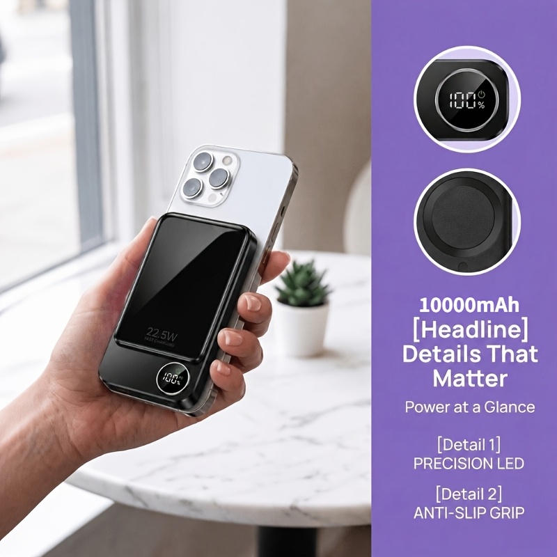 TEMU Banque d'alimentation magnétique fil 10000mAh, charge rapide 22.5W PD20W, chargeur portable avec écran LED, batterie externe universelle pour