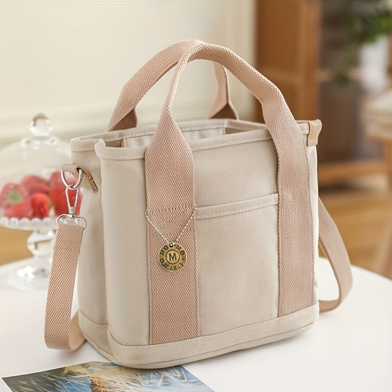 

Canvas Tote Bag For Women, Fashion Multi Pockets Handbag, Daily Commuter Lunch Bag With Crossbody Strap