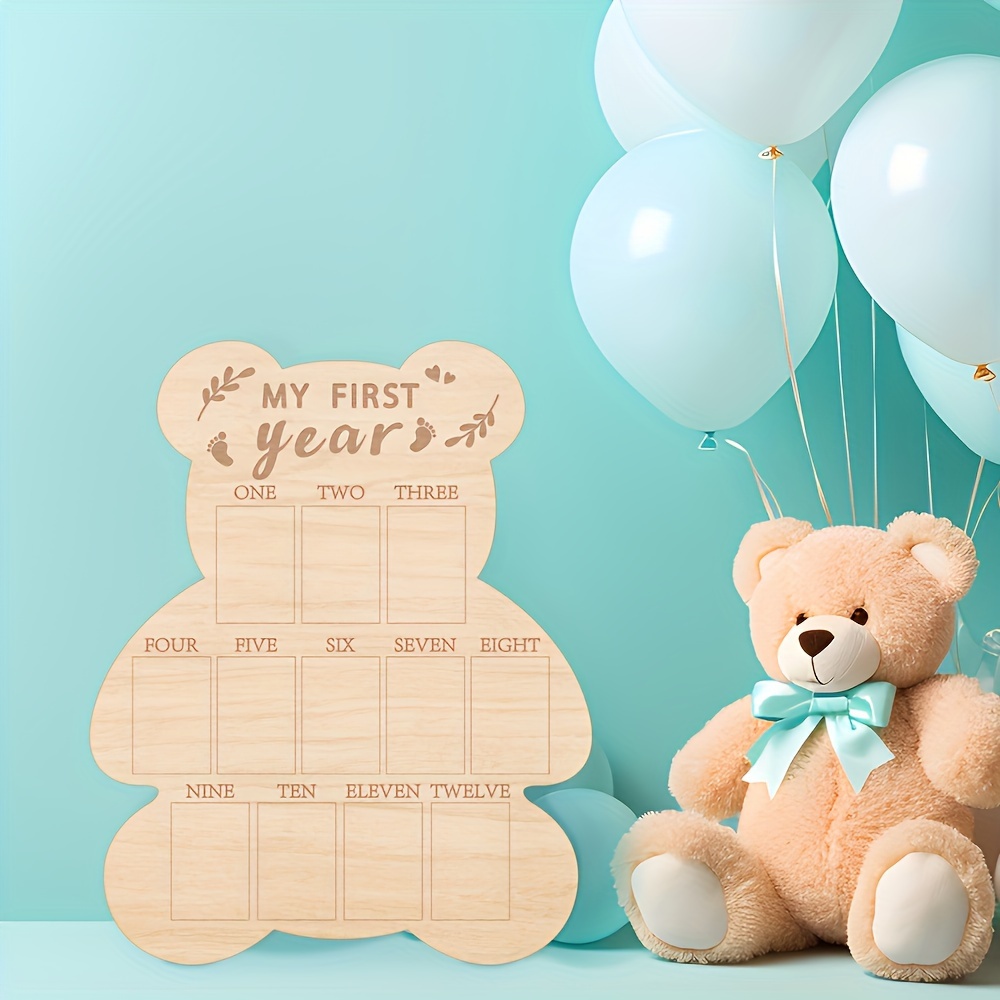   teddy bear wooden first year milestone photo frame polished       room decor monthly calendar ideal first birthday gift details 2