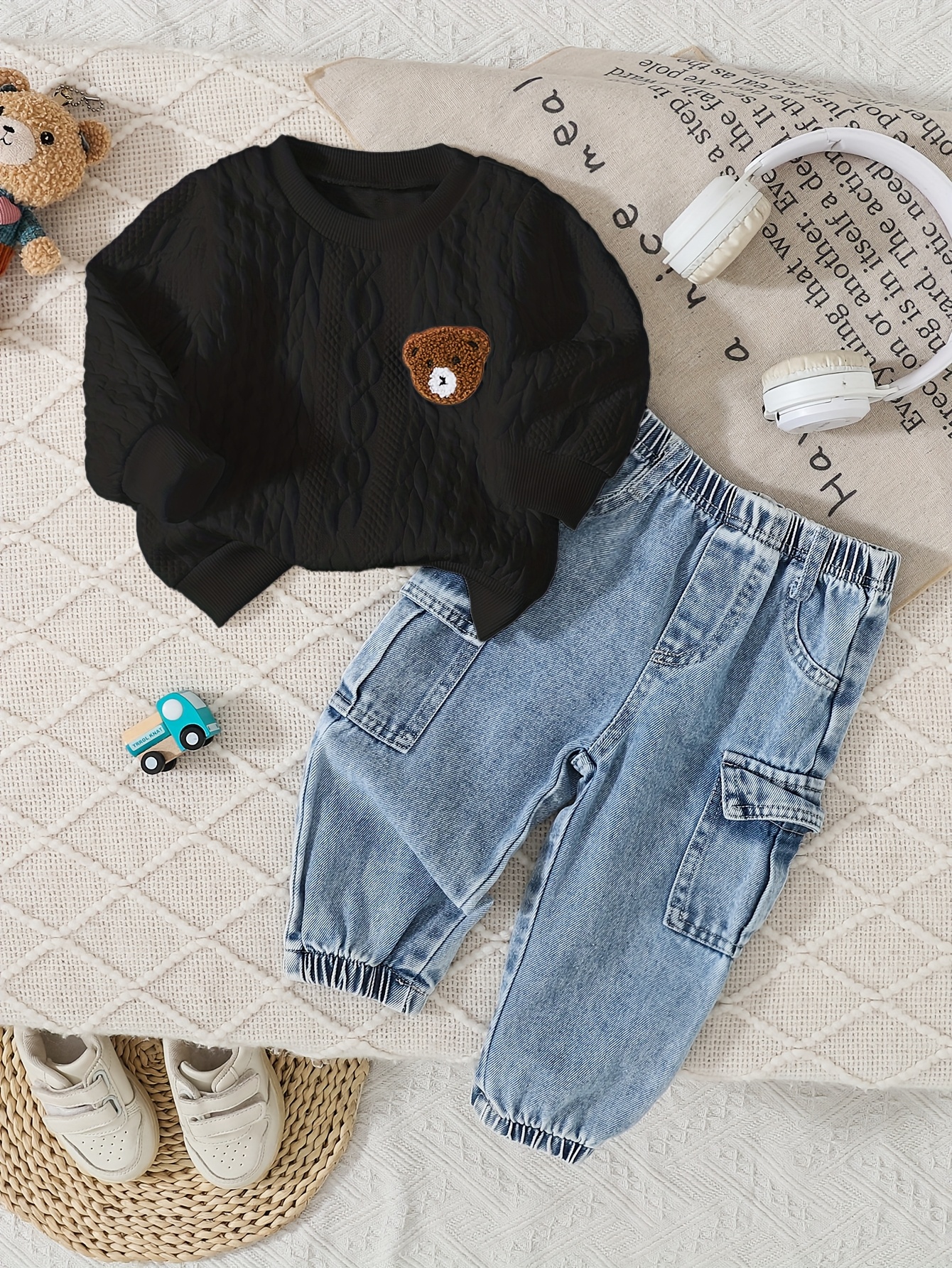 2pcs winter outfit set   patch sweater fringe hem jeans with elastic waist brown bear pocket pants machine washable clothes autumn winter casual playwear   outdoor Product details 9