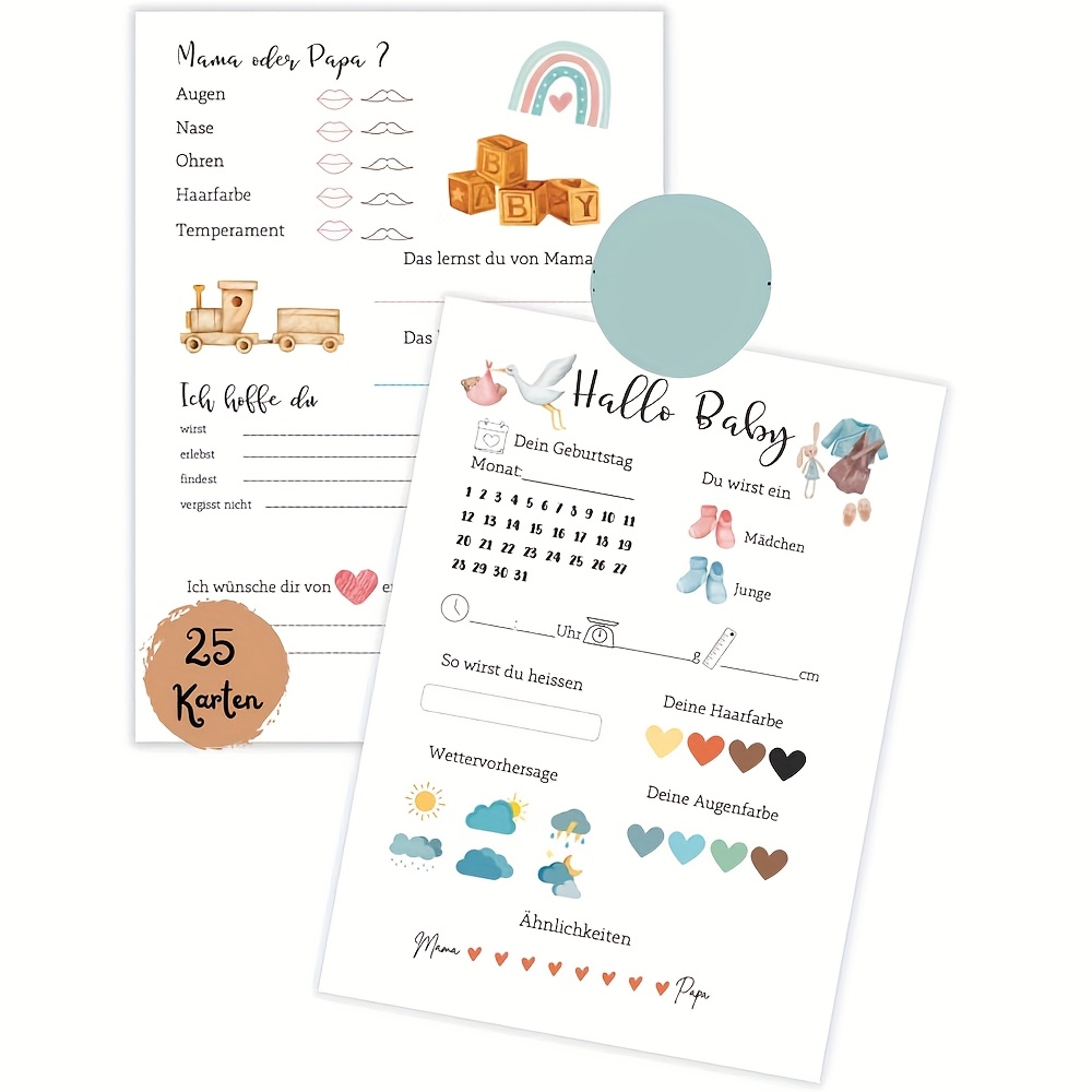 25 Cards Per Pack, German Children's Party Guessing Game Activity Cards - Gender Reveal Party, Shower , Suitable For Children's Shower Guessing Cards, Party Supplies Cards