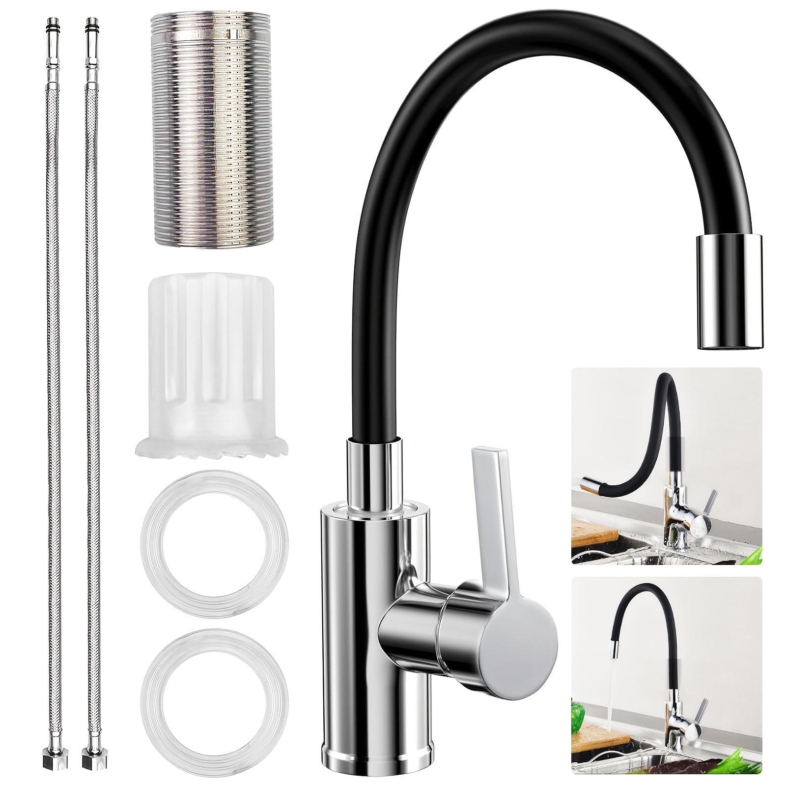 Image of Flexible Kitchen Faucet, Black Kitchen Faucet, With Flexible Spout, High-pressure Mixer Faucet, 360° Rotation, Single-handle Stainless Steel Sink Faucet, With Water- Aerator, Kitchen Faucet