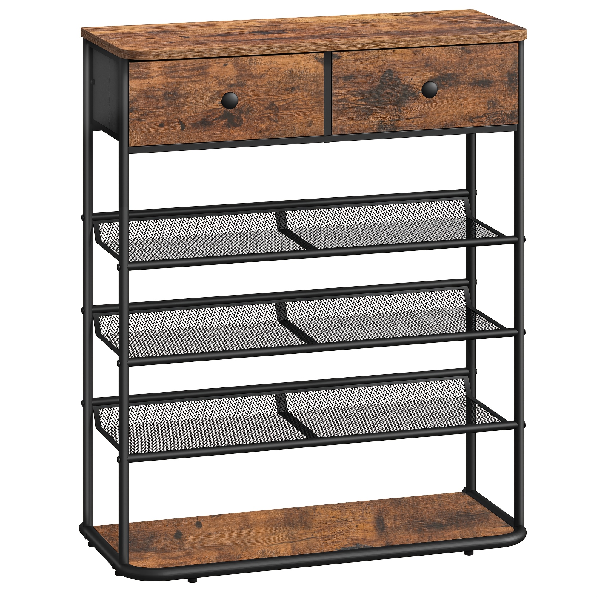 Shoe Rack, Five-tier Shoe Cabinet, Large Size, With 2 Fabric Drawers And 3 Adjustable Wire Racks, Can Hold 16 Pairs Of Shoes, Suitable For And , And Black Color.