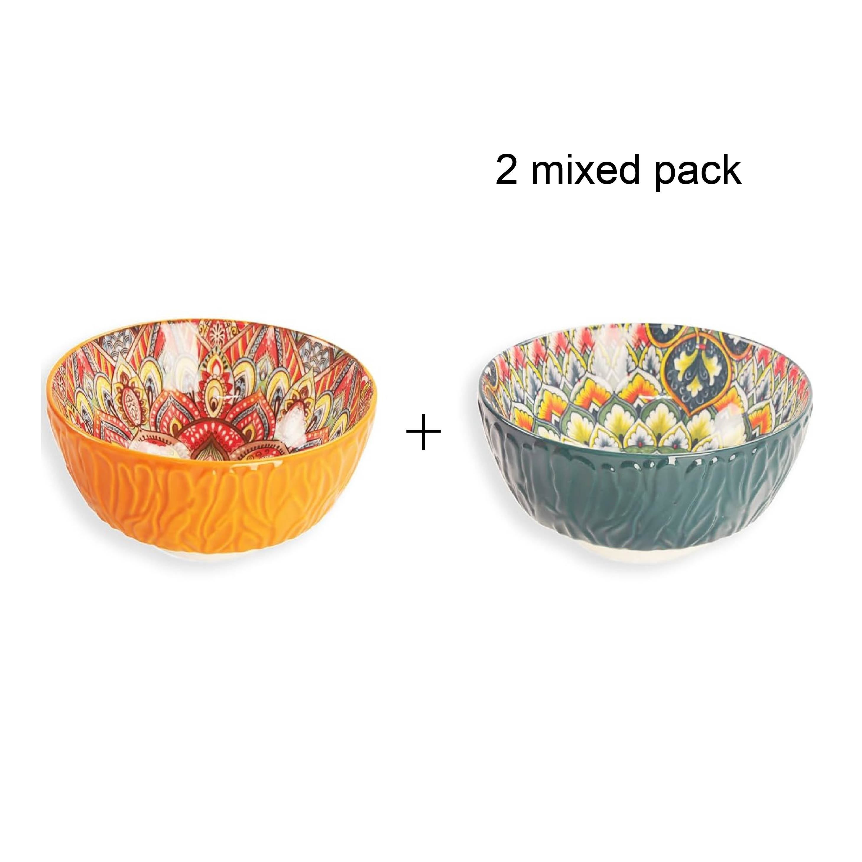 Image of Set Of 2 Six-inch Bohemian Ceramic Bowls, 23-ounce Dessert Bowls, Suitable For Cereal, Ice Cream, Snacks, And Used In The Dishwasher And Microwave, Perfect For Soup, Oatmeal, Salad, And Pasta.