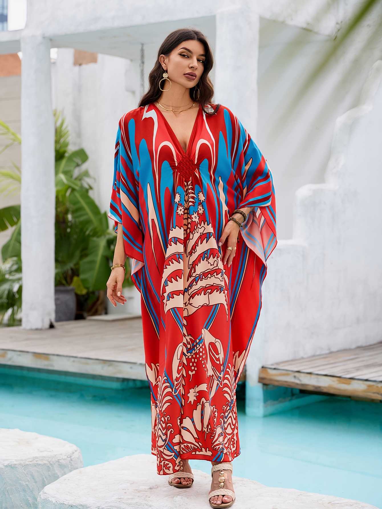 women's lightweight ethnic kaftan dress geometric floral - Temu