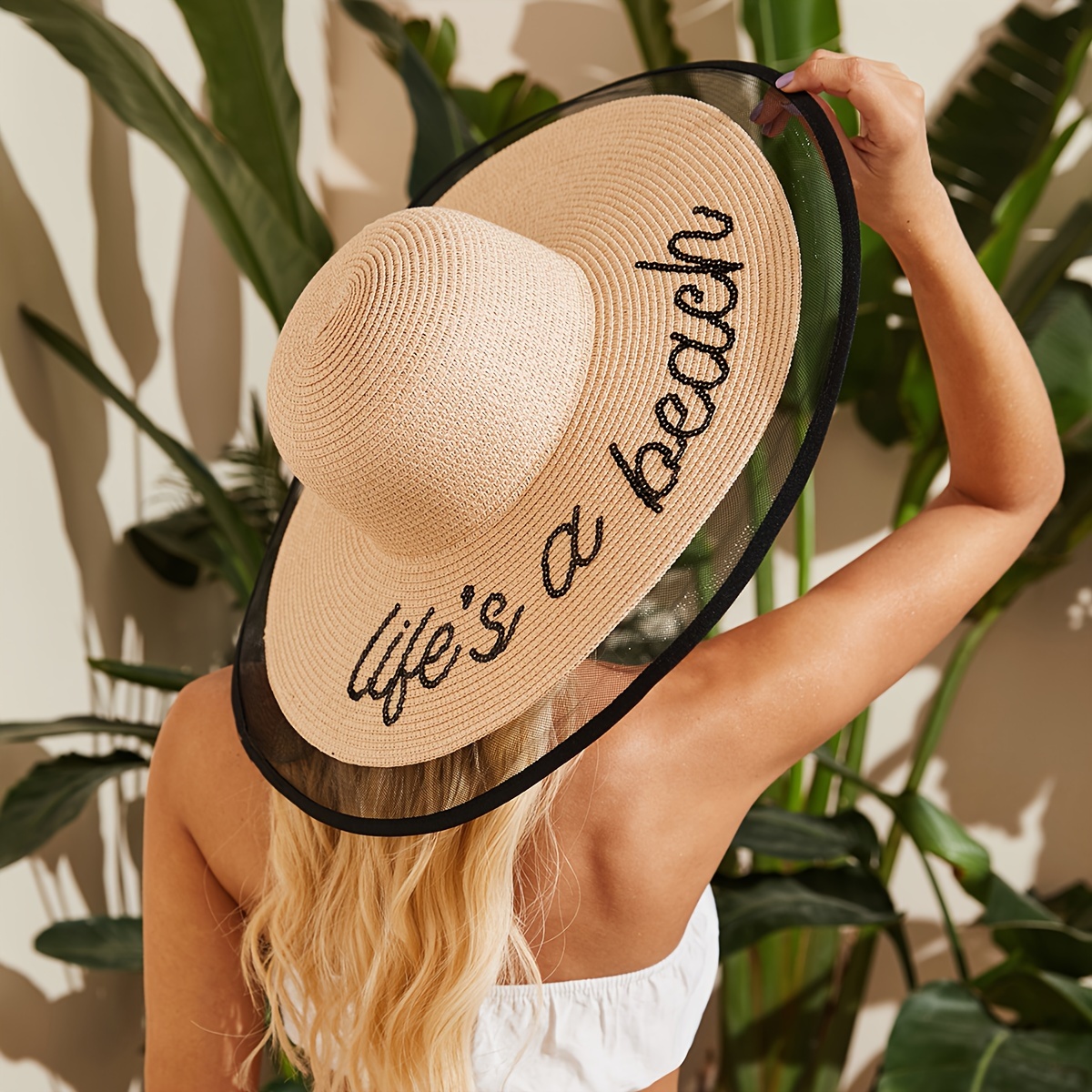 Summer Sunshade Sun Hat, Bucket Hats Personalized Wide Brim Straw Hat Sequin Embroidery Life's A Beach Lace Edge Beach Hats for Women,SUN/UV