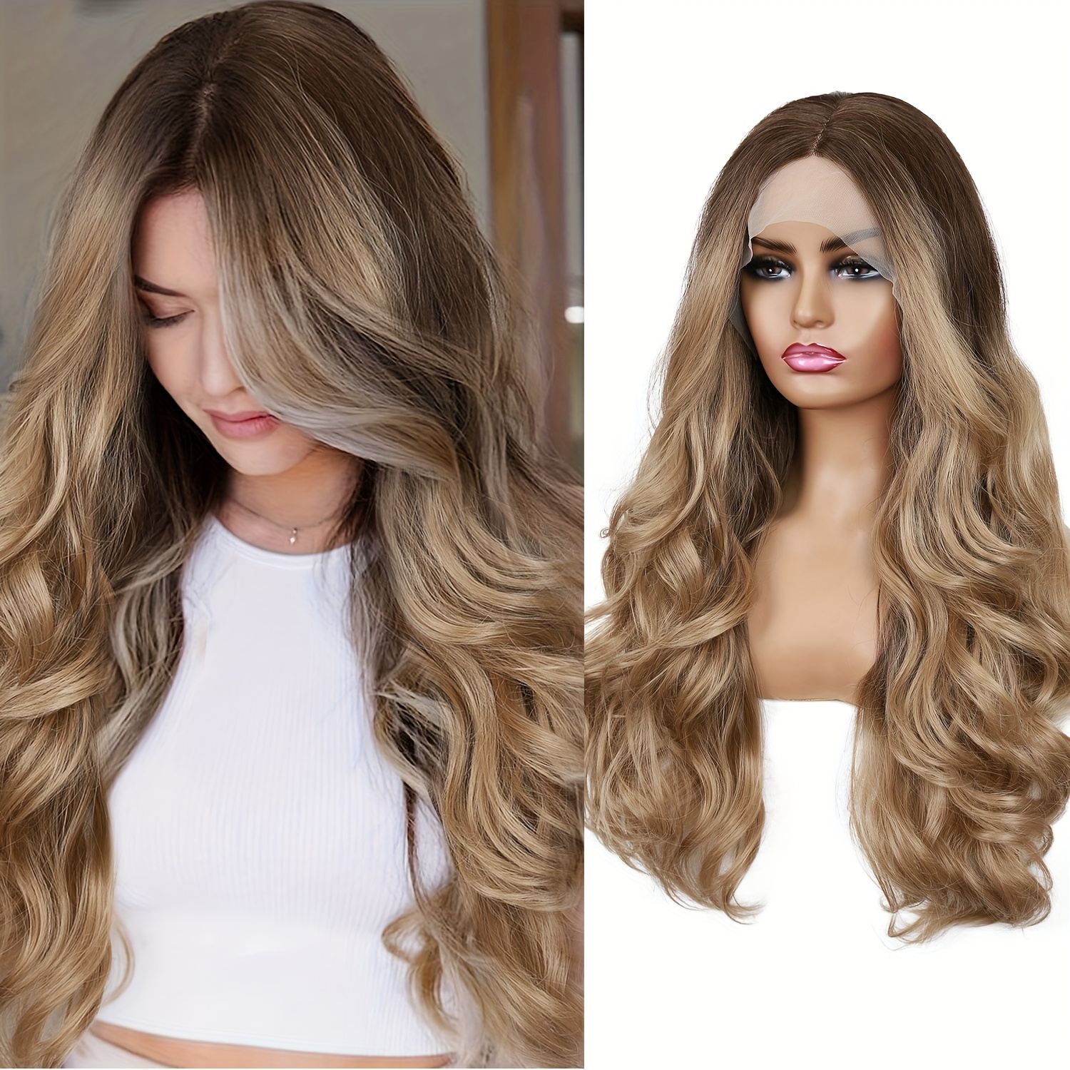 26 Inch Body Wave Lace Front Wigs Middle Part Omber Brown Wigs With Blonde Highlights Long Wavy Synthetic 13 4 1 Lace Front Wigs For Women