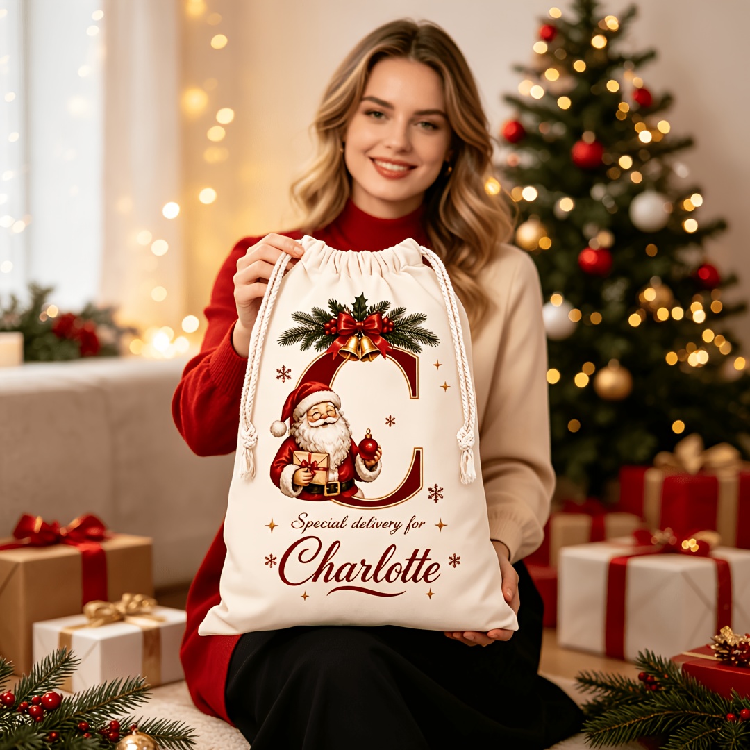 TEMU Personalized Christmas Gift Sack, Custom Name And A-z Initial Canvas Drawstring Bag, Holiday Reusable Gift Bag For Christmas Party And Gift