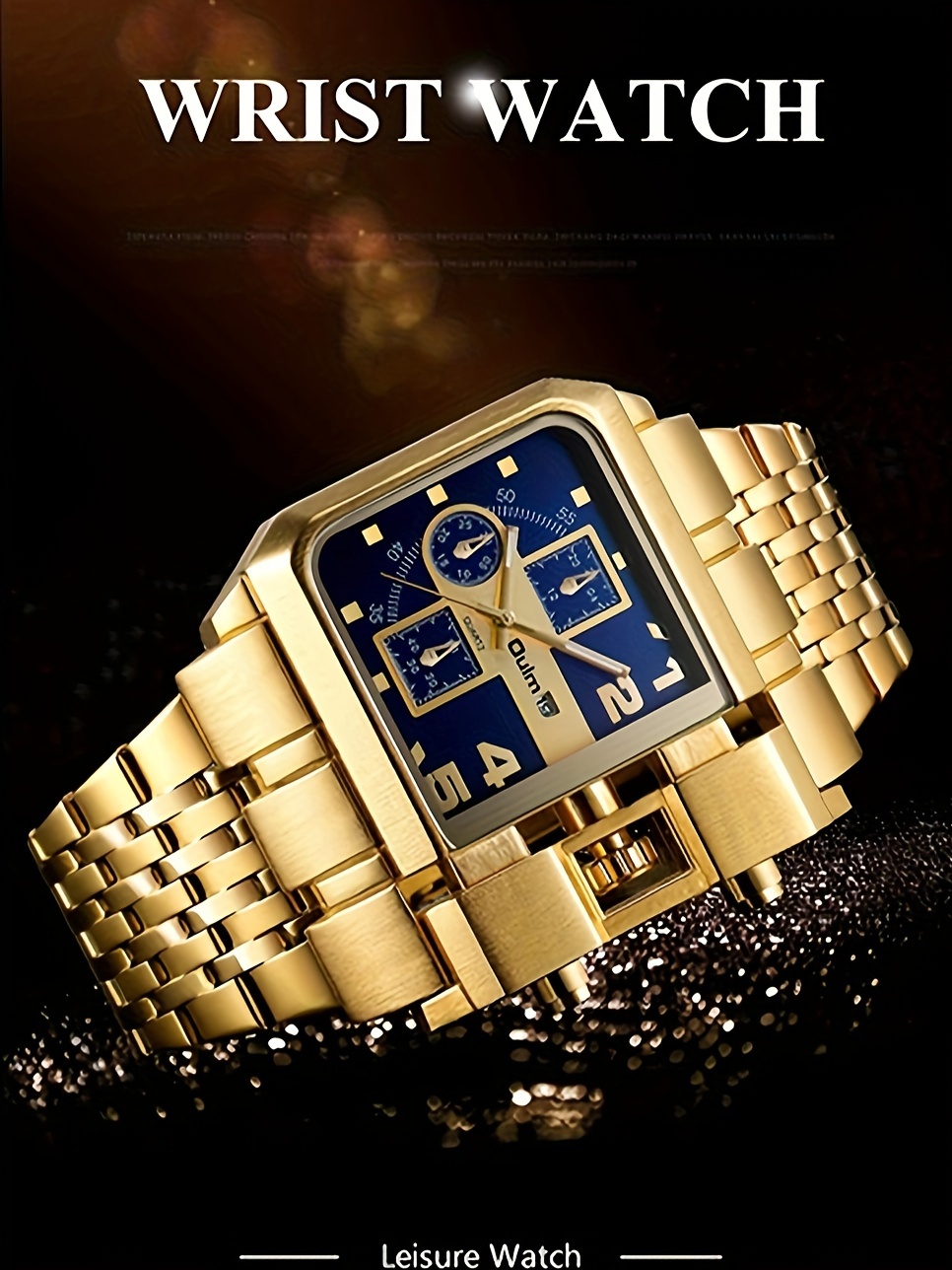 Reloj de Cuarzo Dorado para Hombre Oulm con Esfera Cuadrada Azul Grande, Calendario y Correa de Acero Inoxidable - Impermeable, Estilo Punk Original, Números Romanos y Movimiento Mecánico Visible, Reloj con Función de Fecha | Reloj de Lujo | Acabado en Tono Dorado