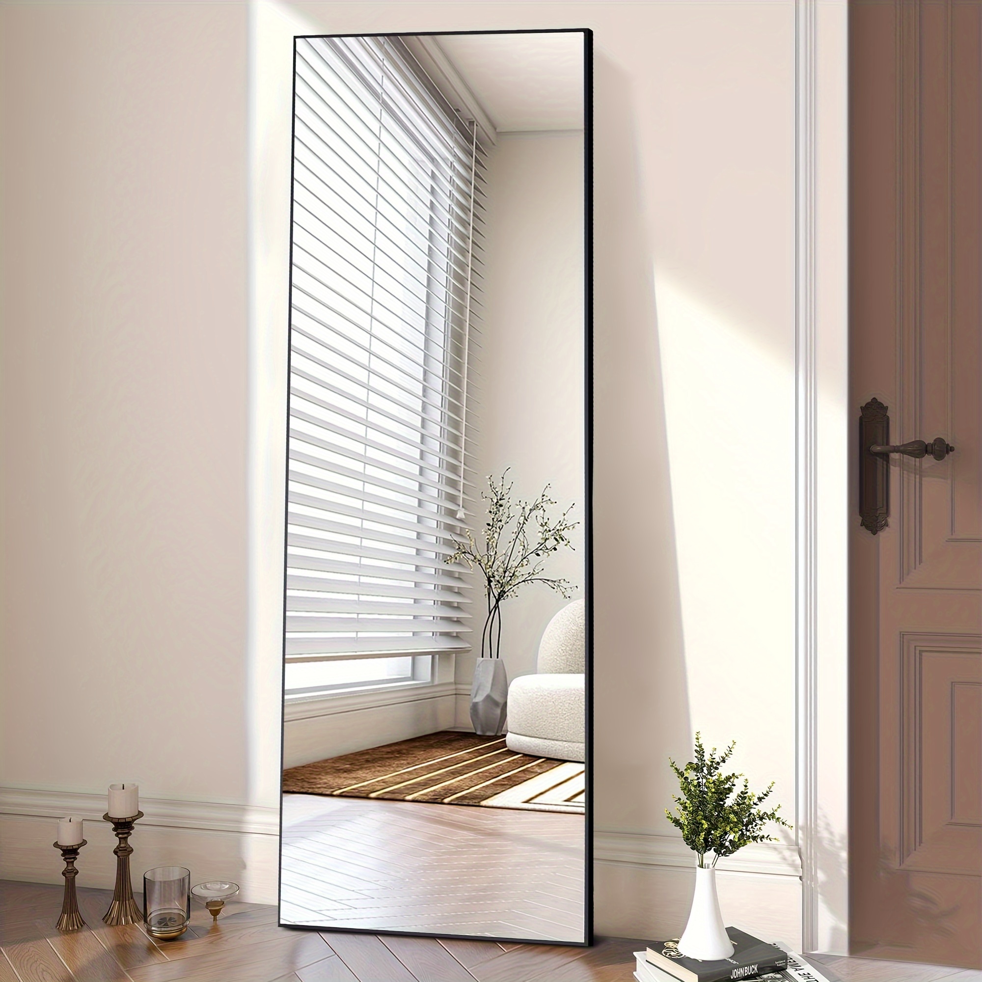 

21"" Full Length Mirror For Bedroom, Full Body Mirror With Stand, Hanging Or For Wall, Aluminum Alloy Thin Frame Floor Standing For Living Room