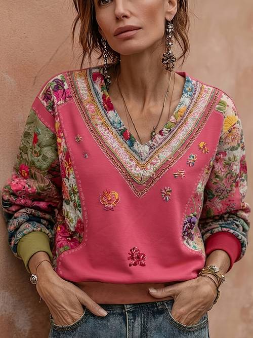 ethnic style floral print artistic v neck long sleeve casual sweatshirt bohemian style outing casual daily versatile top fall winter style printed design
