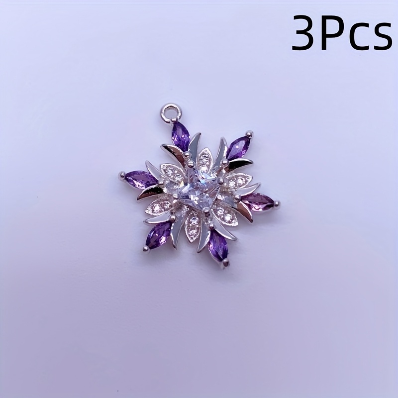 TEMU 3pcs, Made Of Copper With Plating, Featuring Romantic And Elegant Snowflake And Flower Pendants, Inlaid With White And Purple Cubic Synthetic