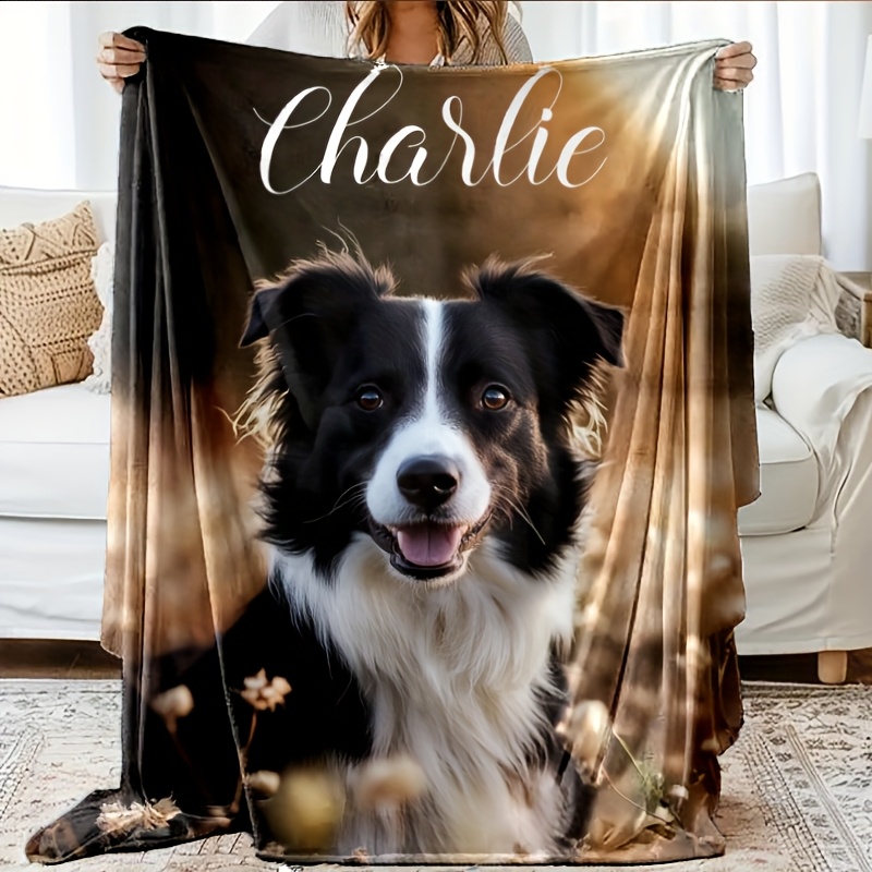TEMU Personalized Dog Photo Blanket - Soft Polyester Pet Portrait Throw, Golden Background With Dandelion Decor - Customizable Name "" - Perfect Gift