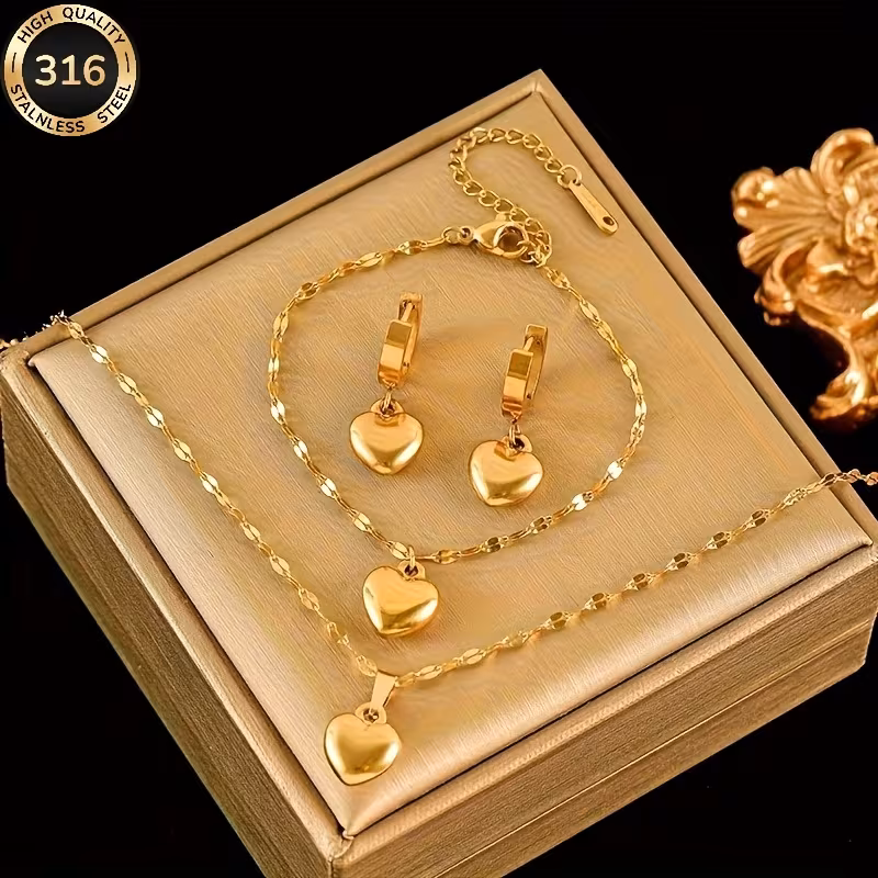 4pcs set of 316l stainless steel 18k golden plated golden plated heart jewelry french necklace bracelet and earrings set long hypoallergenic daily wear versatile for dates and gift details 0