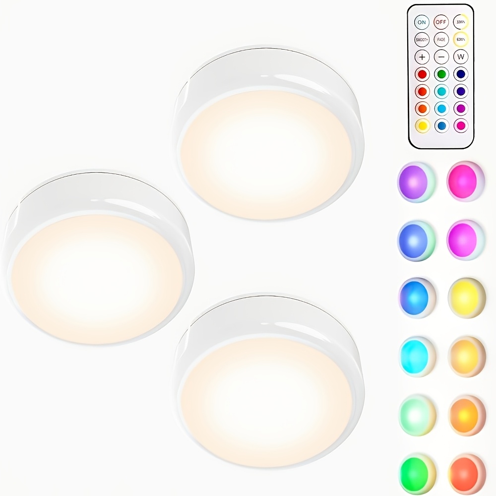 3-pack Spotlights With Remote Control, Battery-powered Led Night Lights, 13-color Rgb, Ideal For Closets, Bedroom Walls, Under Cabinets, And Other Areas. With Adhesive Backing