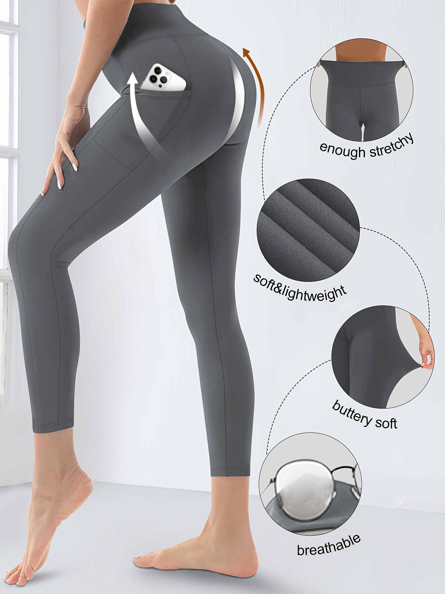 Plus Size - Women'S High-Waist 9/3 Length Leggings with Side Pockets - Stretchy, Solid Color, Casual Leggings for Daily Wear, Leggings | Highwaist Leggings | Comfortable Fit