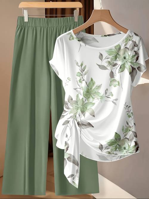 targeted development womens new arrival round neck raglan sleeves floral print top solid color long pants set