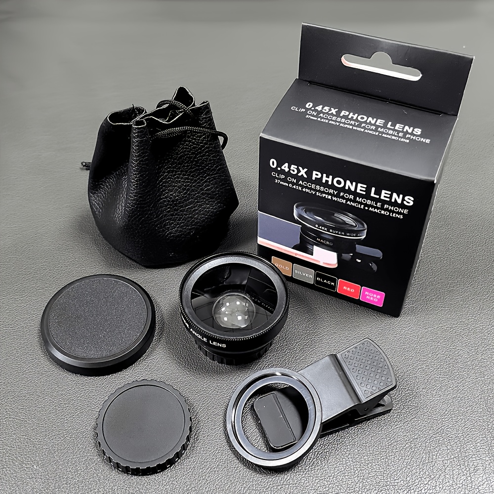 TEMU 4pcs 1 Set Smartphone Camera Lens Kit (2-in-1) - Includes Wide-angle Lens, Macro Lens, Universal Clip, And Leather Storage Bag